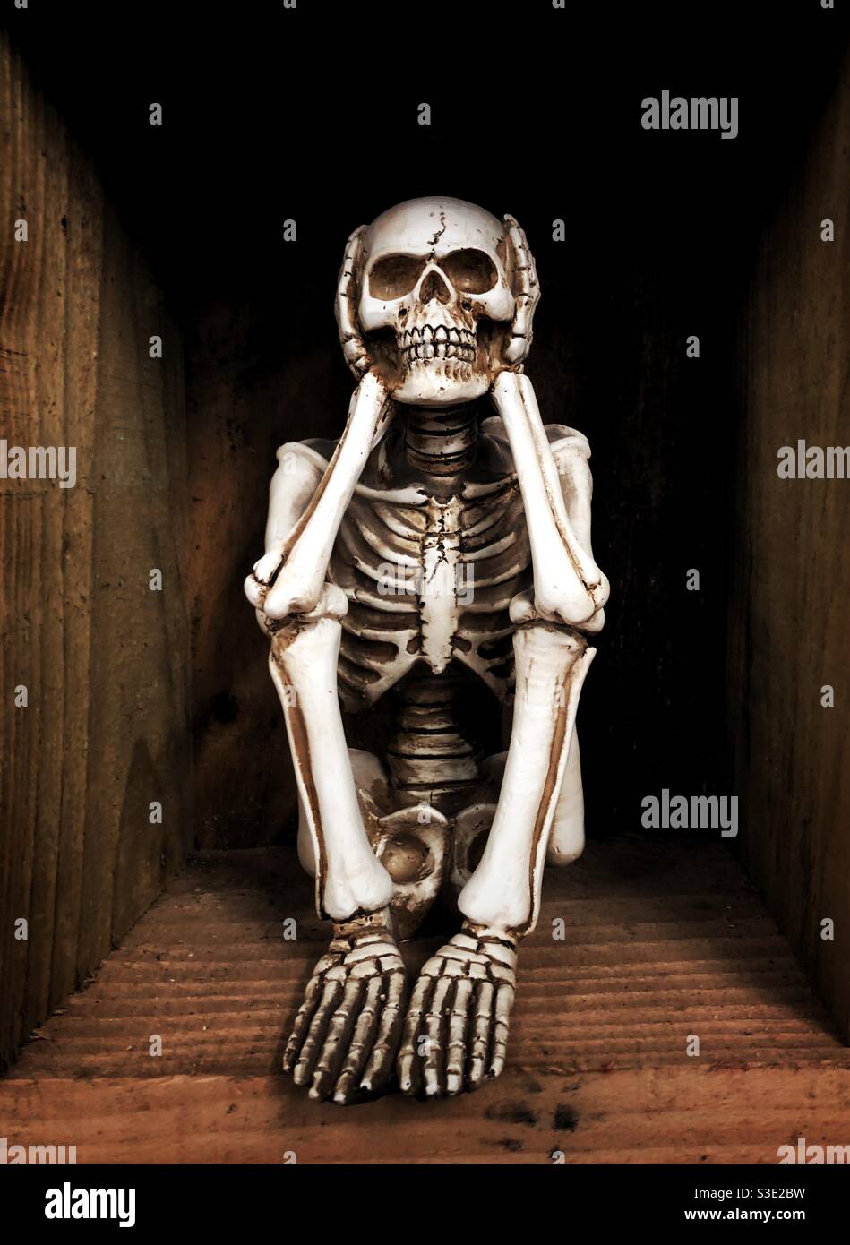 Uno scheletro spaventoso seduto in una prigione o in una bara in un'immagine di Halloween Foto Stock