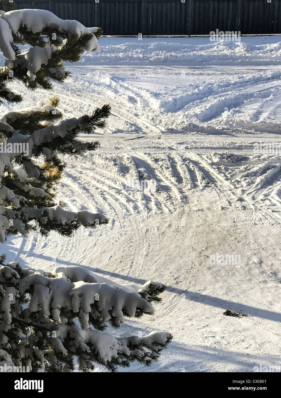 Gli pneumatici del veicolo si cingono attraverso la neve profonda. Calgary, Alberta, Canada. Foto Stock