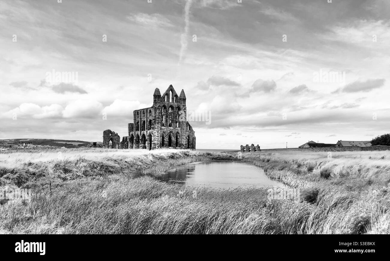 Paesaggio panoramico dell'abbazia di whitby, in rovina monastero gotico nello Yorkshire, ambientazione di dram Stoker's Dracula Foto Stock