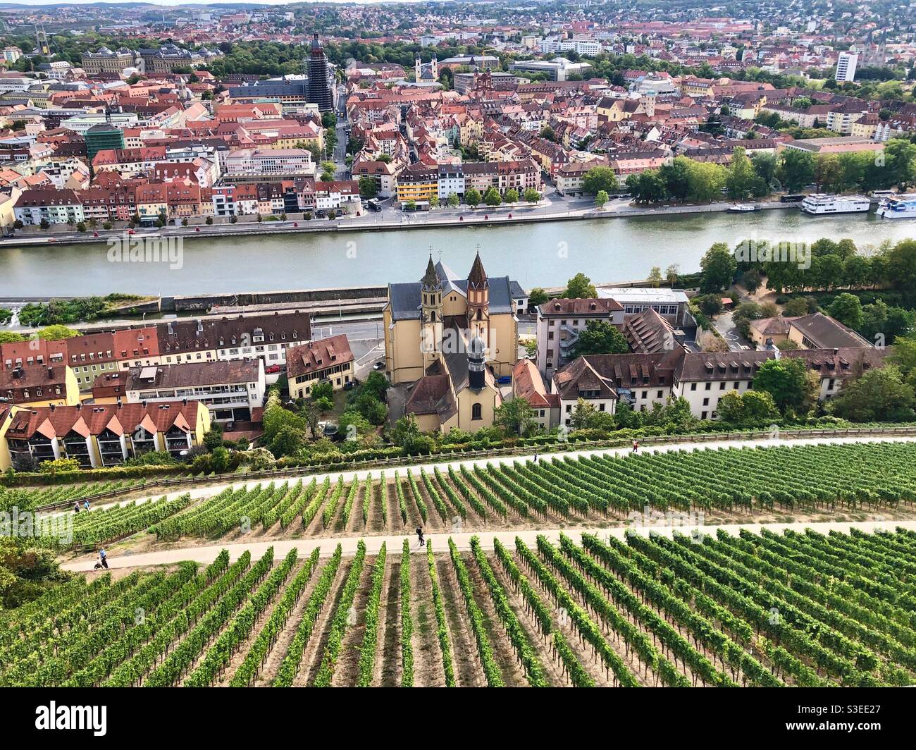 Vista sulla città di Würzburg con vigneti e fiume meno dalla collina di Marienberg, Germania. - Immagine stock catturata con smartphone