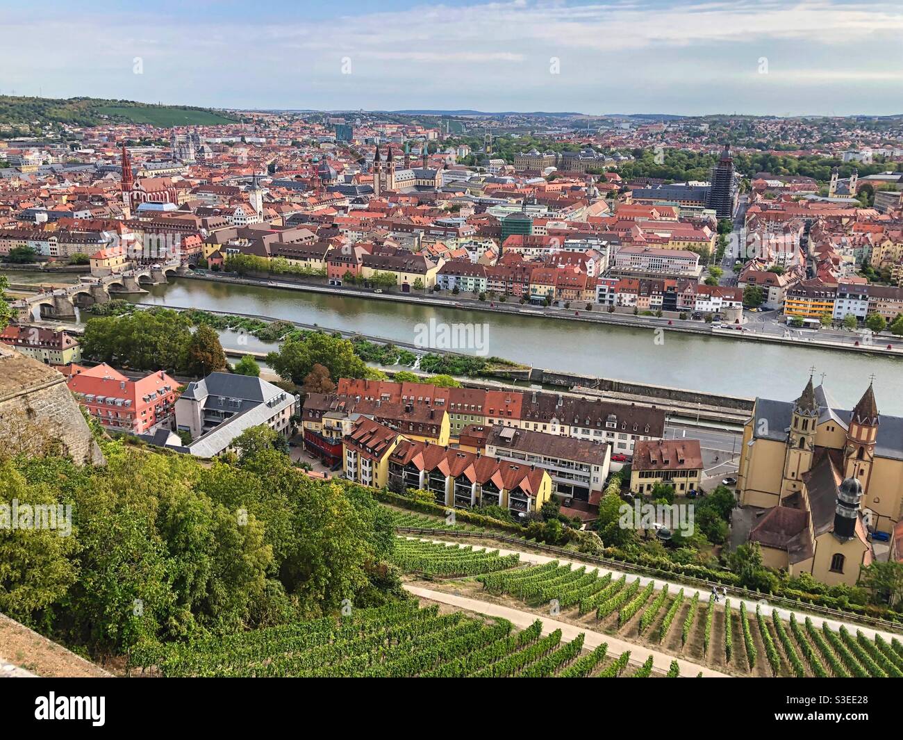Vista sulla città di Würzburg con il fiume meno e vigneti dalla collina di Marienberg, Germania. - Immagine stock catturata con smartphone
