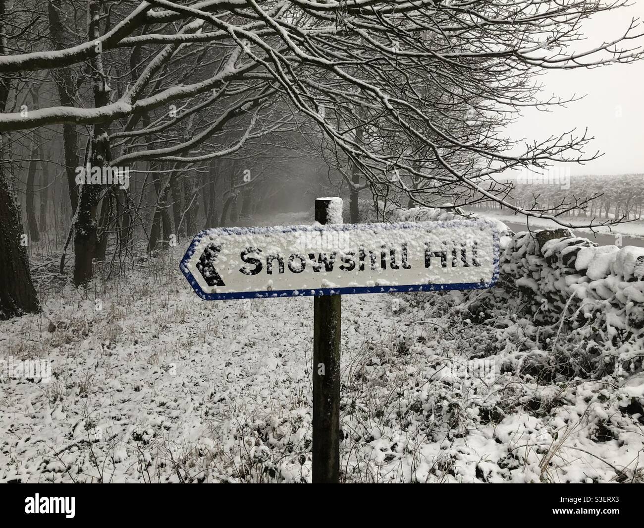 Un cartello di direzione nel Cotswolds per Snowshill coperto di neve che vive fino al suo nome. Foto Stock