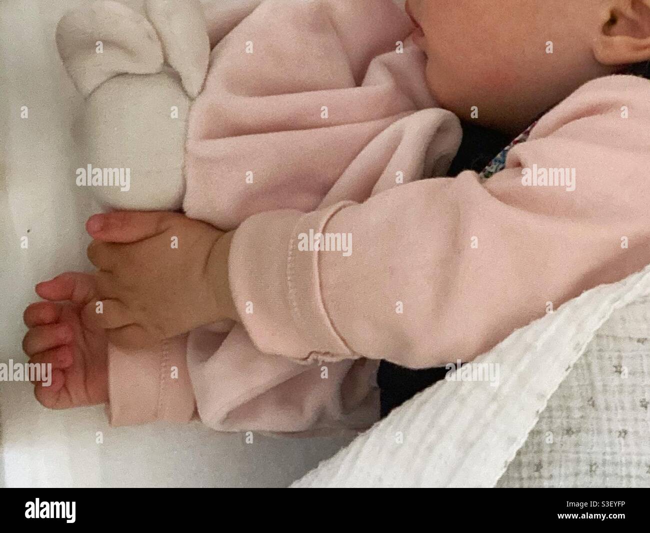 Bambino coccolante bambino rosa morbido giocattolo comforter in una culla addormentato Foto Stock
