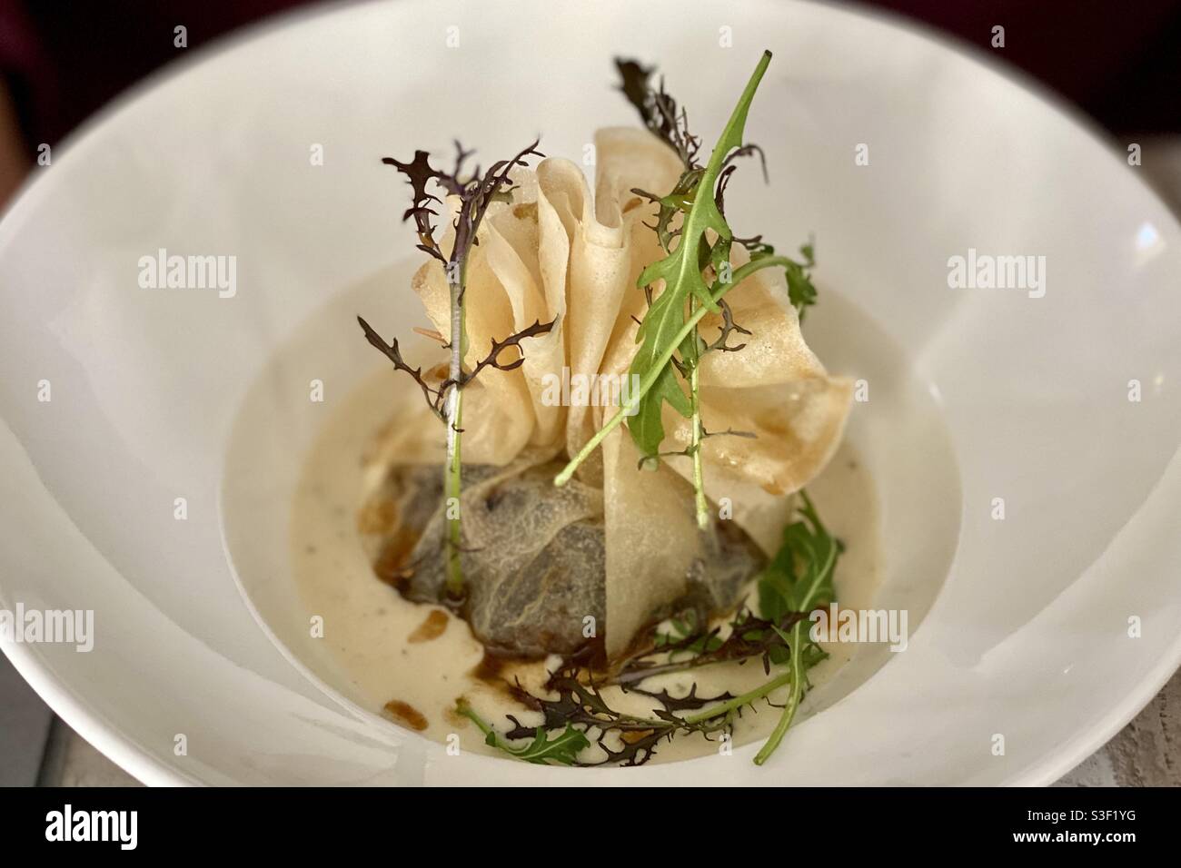 Piatto da ristorante con carne o manzo gnocchi e insalata una salsa o una zuppa - Immagine stock catturata con smartphone