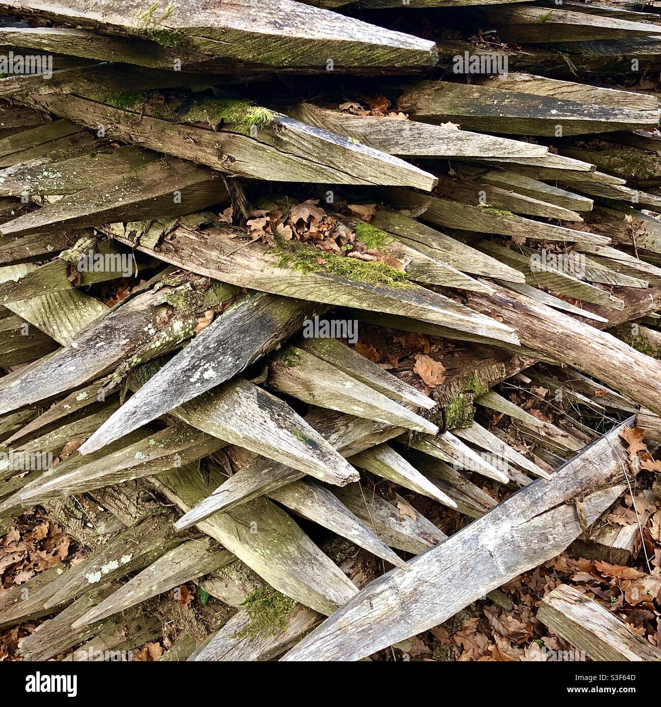 Pila di vecchi pali di recinzione appuntiti. Foto Stock