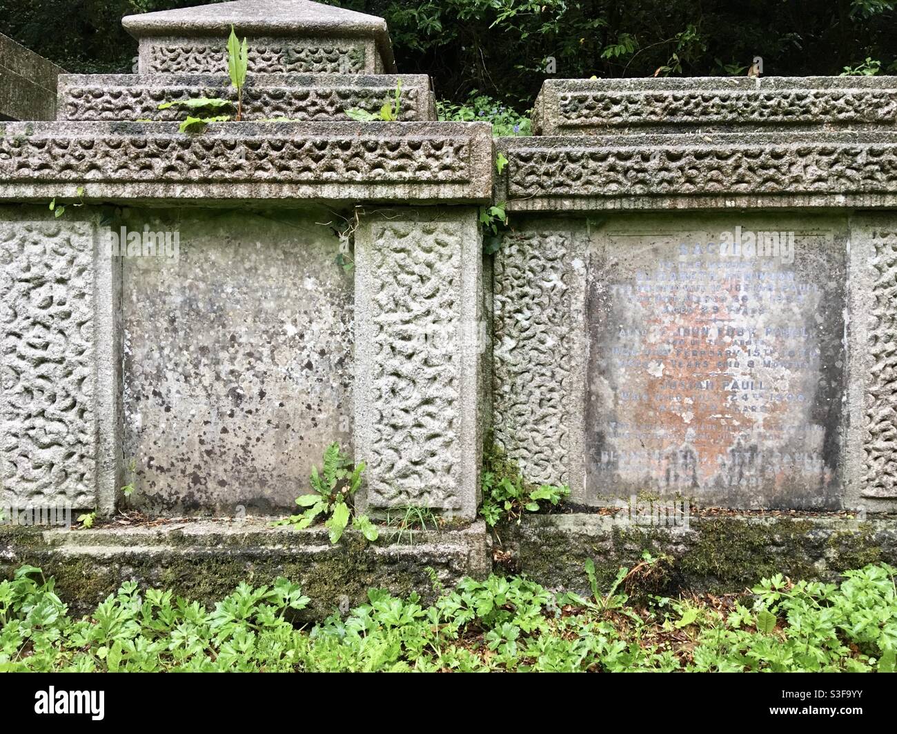 Tombe di granito sopravsviluppate in un cimitero abbandonato Foto Stock