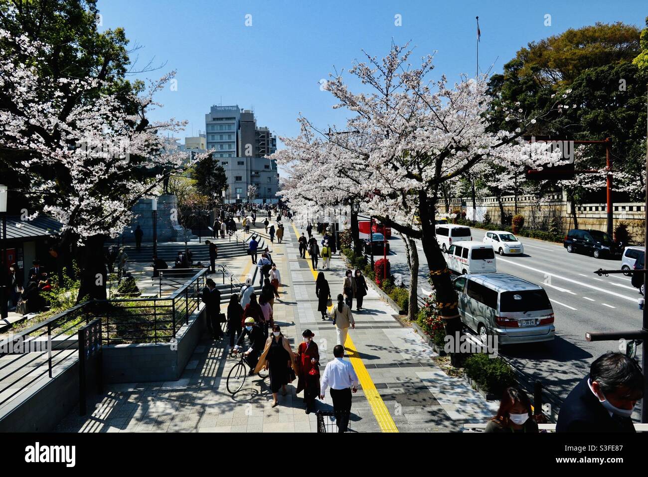 Una folla massiccia tra Nippon Budokan e il Santuario di Yasukuni il 26 marzo 2021, a causa del Cherry Blossom Festival. Il giorno della cerimonia di laurea si svolgerà a Nippon Budokan. Foto Stock