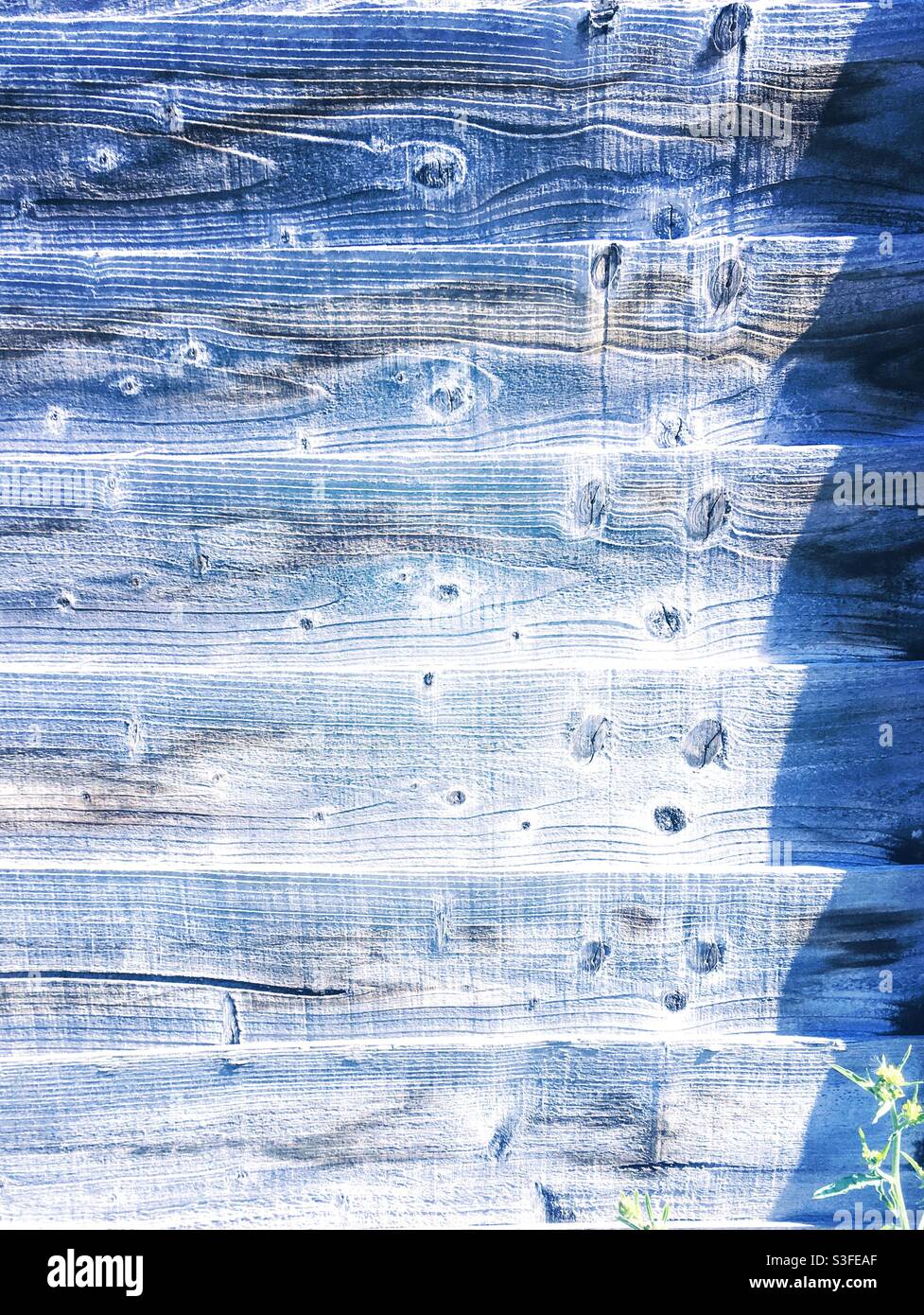 Recinzione da giardino in pannelli di legno blu con ombra su un lato Foto Stock