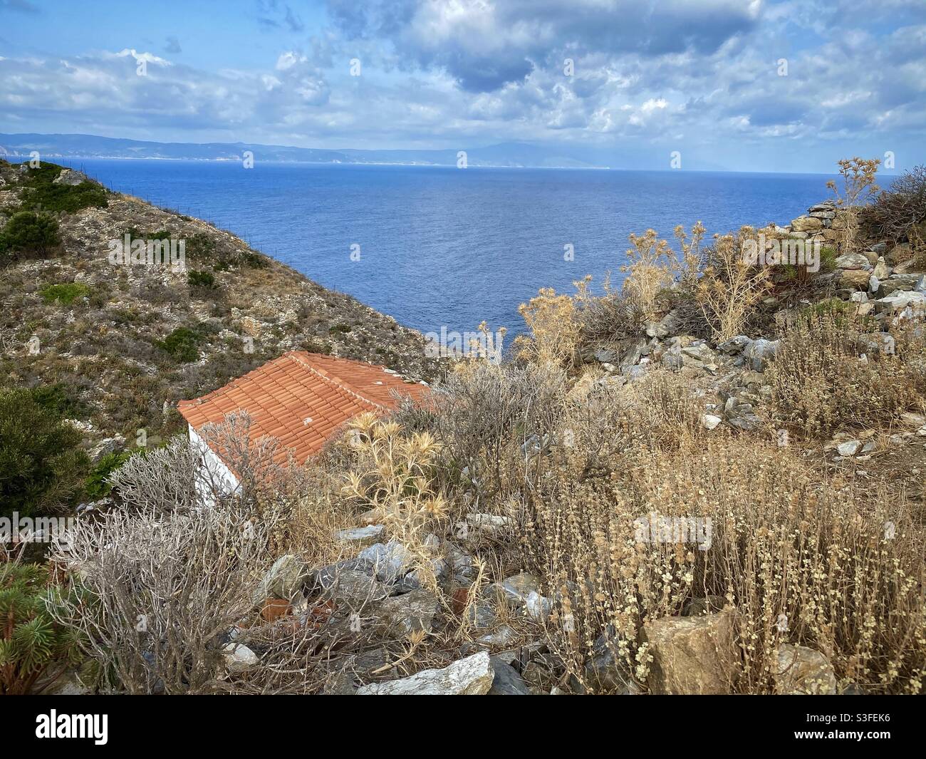 Vista mare con piante secche e piccola casa nel nord dell'isola di Skiathos, Grecia. Foto Stock