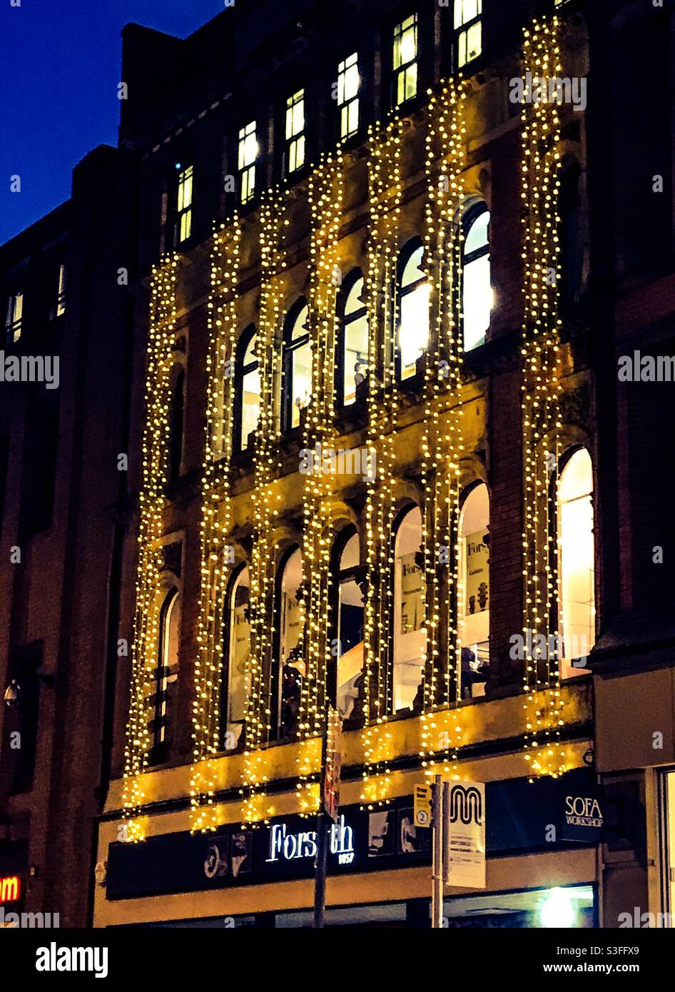 Negozio di musica di Manchester a Natale Foto Stock