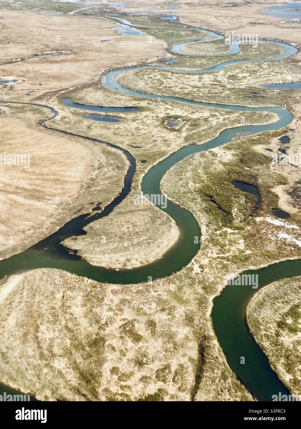 Tundra dell'Alaska all'inizio della primavera, appena scongelata, con ricomparsa dei sistemi fluviali e rapida crescita della flora. Nome, Alaska - Immagine stock catturata con smartphone