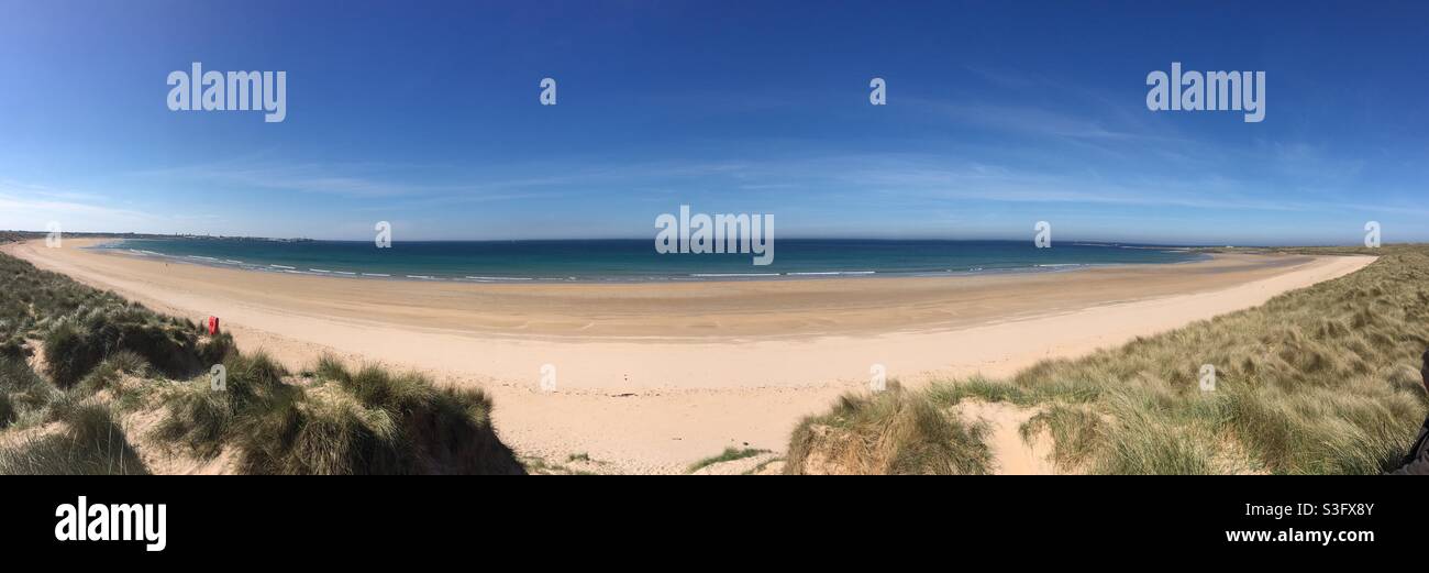 Vista panoramica sulle sabbie dorate di Fraserburgh Beach, Aberdeenshire, Scozia Foto Stock