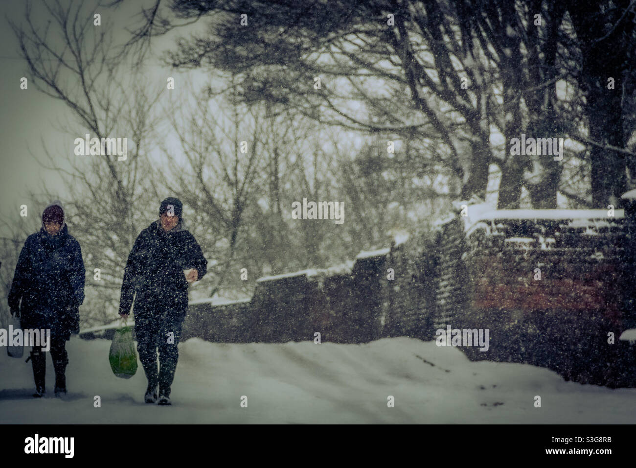 Camminare a casa nella neve Foto Stock