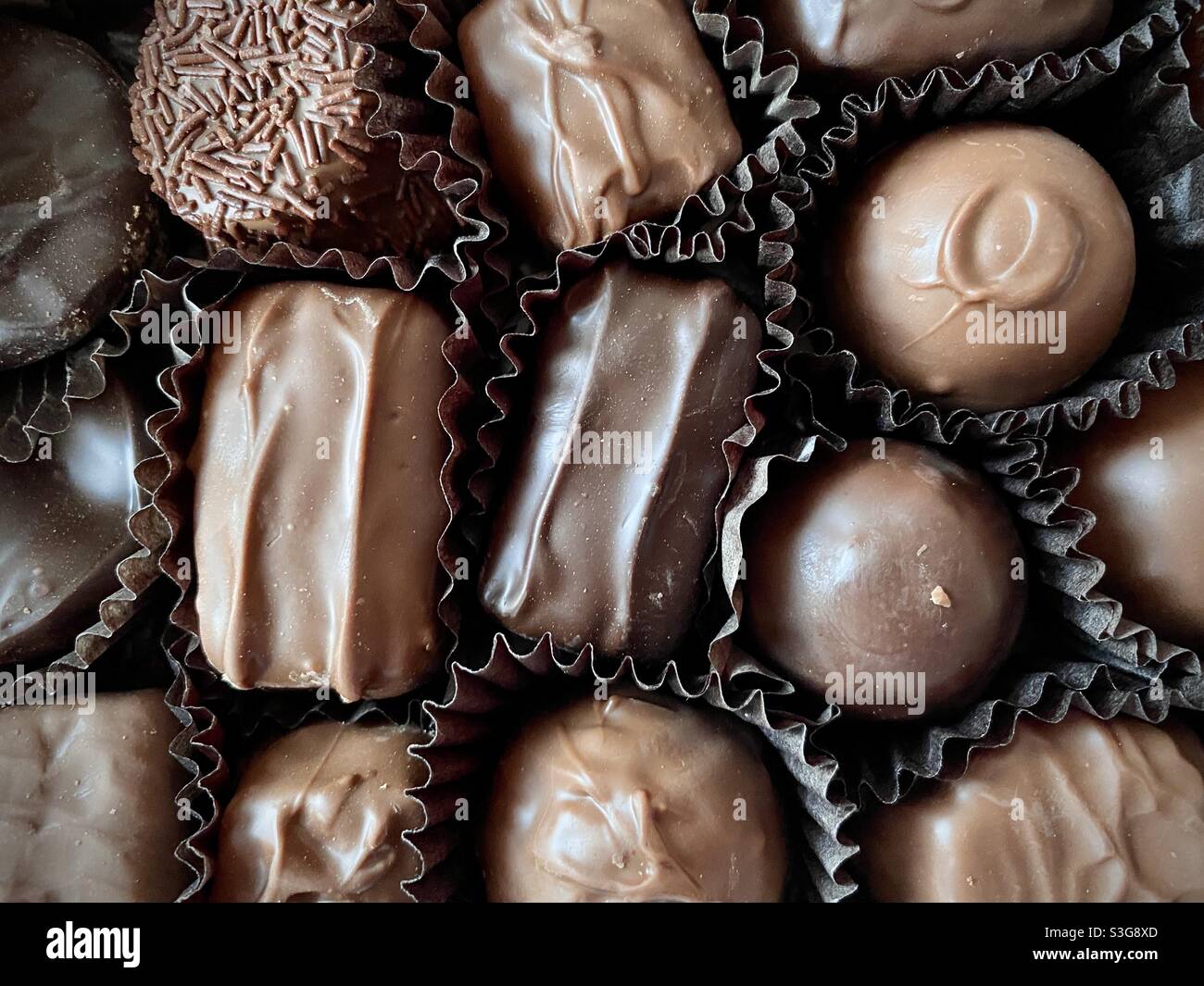 Primo piano in una scatola di cioccolatini assortiti semplici e al latte - Immagine stock catturata con smartphone