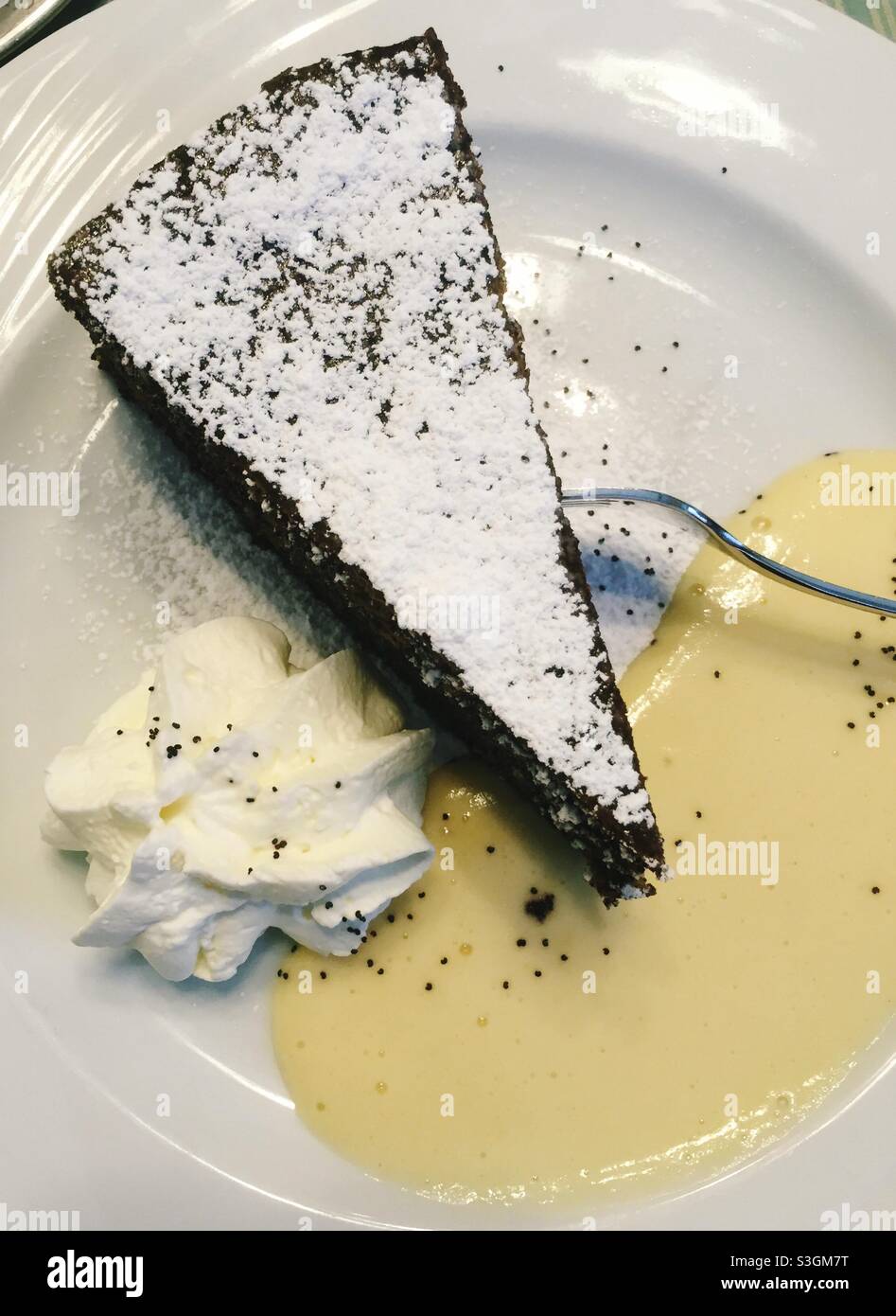 Pezzo di torta al cioccolato con panna montata e salsa alla vaniglia - Immagine stock catturata con smartphone