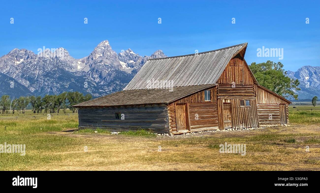 Famoso fienile di Mormon Row nel Grand Teton National Park, Wyoming Foto Stock