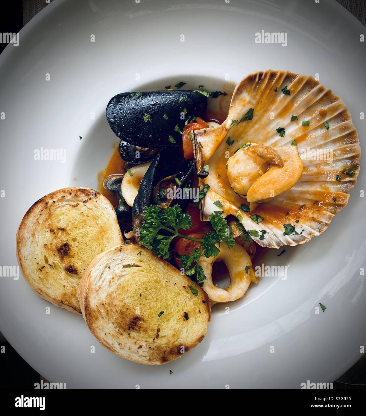 Stufato di pesce italiano con capesante fresco, cozze, calamari, vongole e pesce a Venezia Foto Stock