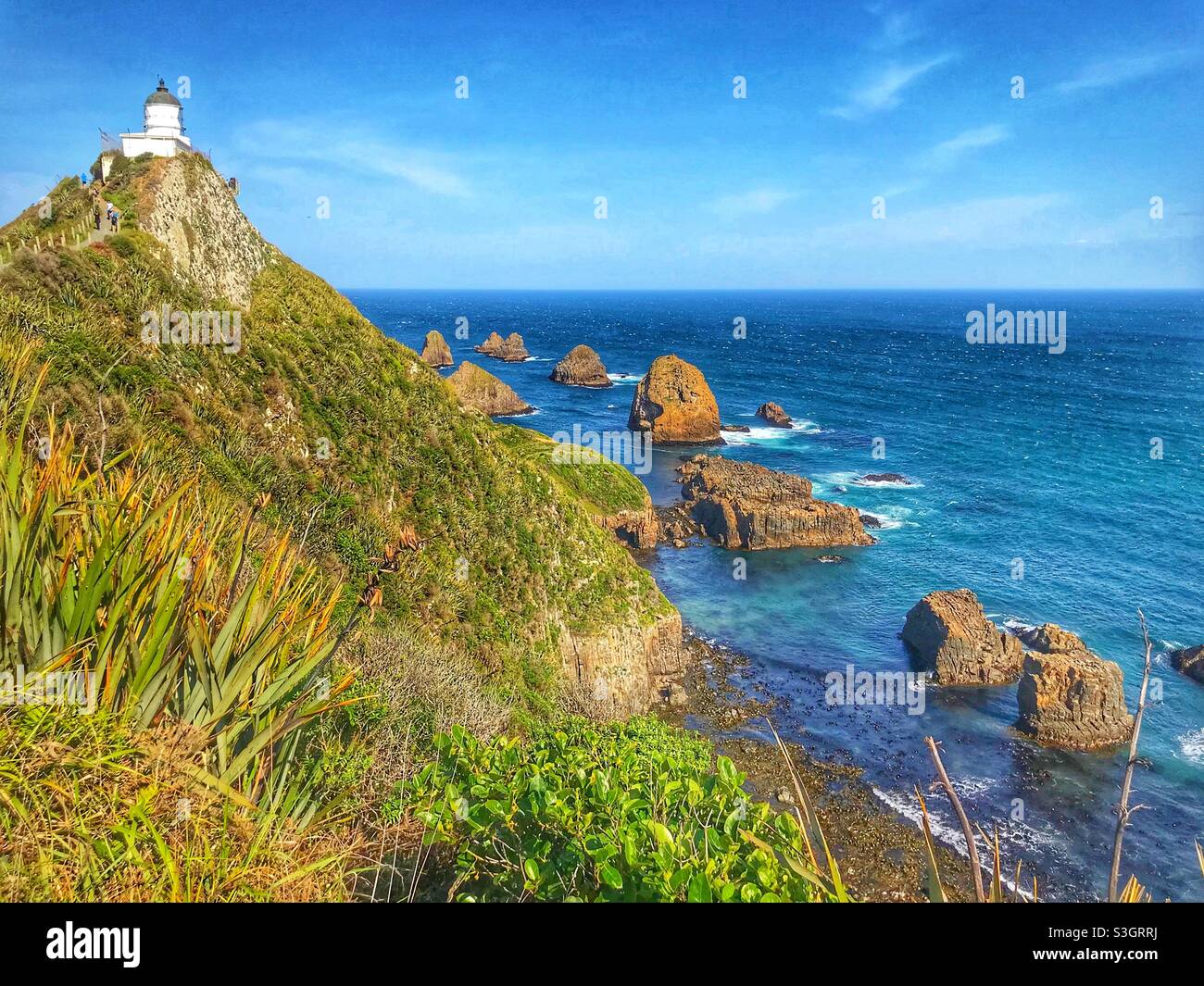 Faro di Nugget Point, regione di Otago, Isola del Sud, Nuova Zelanda - Immagine stock catturata con smartphone