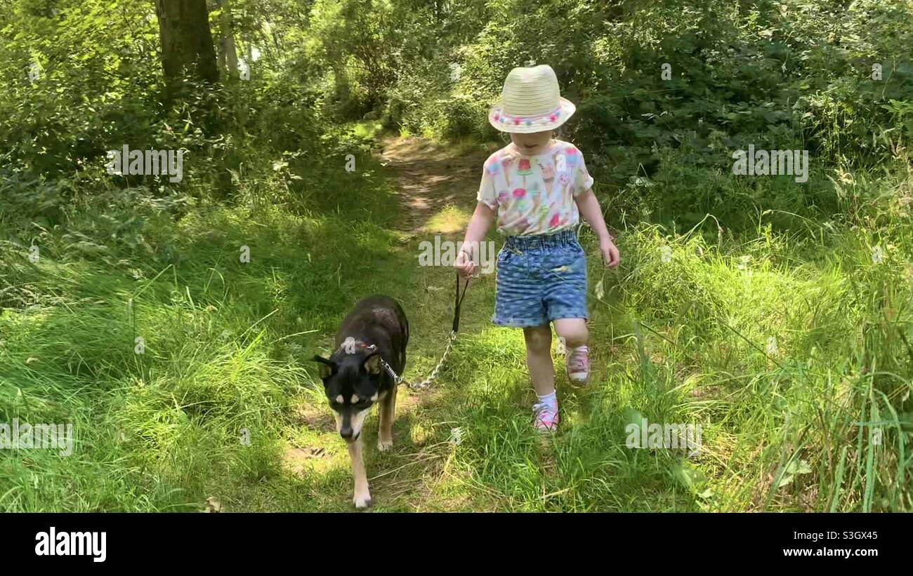 Giorni d'estate - bambina in cappello di paglia che cammina il suo cane Foto Stock