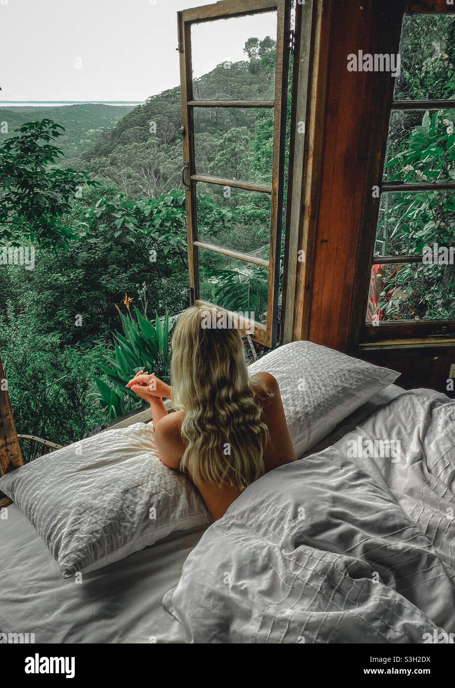 Ragazza in casa sull'albero con vista sulla foresta pluviale Foto Stock
