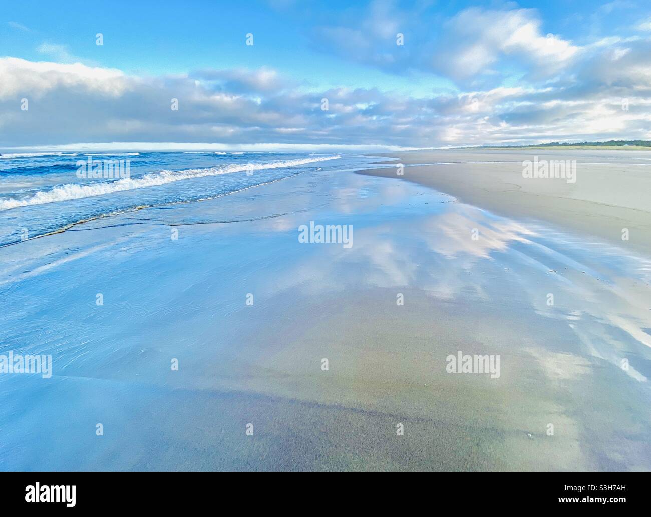 Lungo tratto di sabbia nella penisola di Long Beach, Washington, la più lunga spiaggia di sabbia degli Stati Uniti (28 miglia) Foto Stock