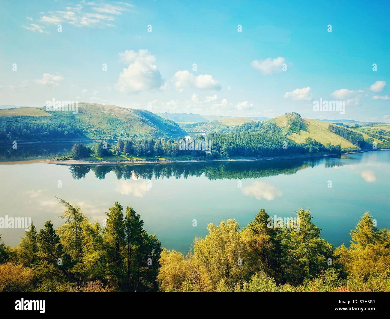 Una fotografia di un bacino idrico con uno splendido e vibrante paesaggio boschivo da un punto di vista montano - Immagine stock catturata con smartphone