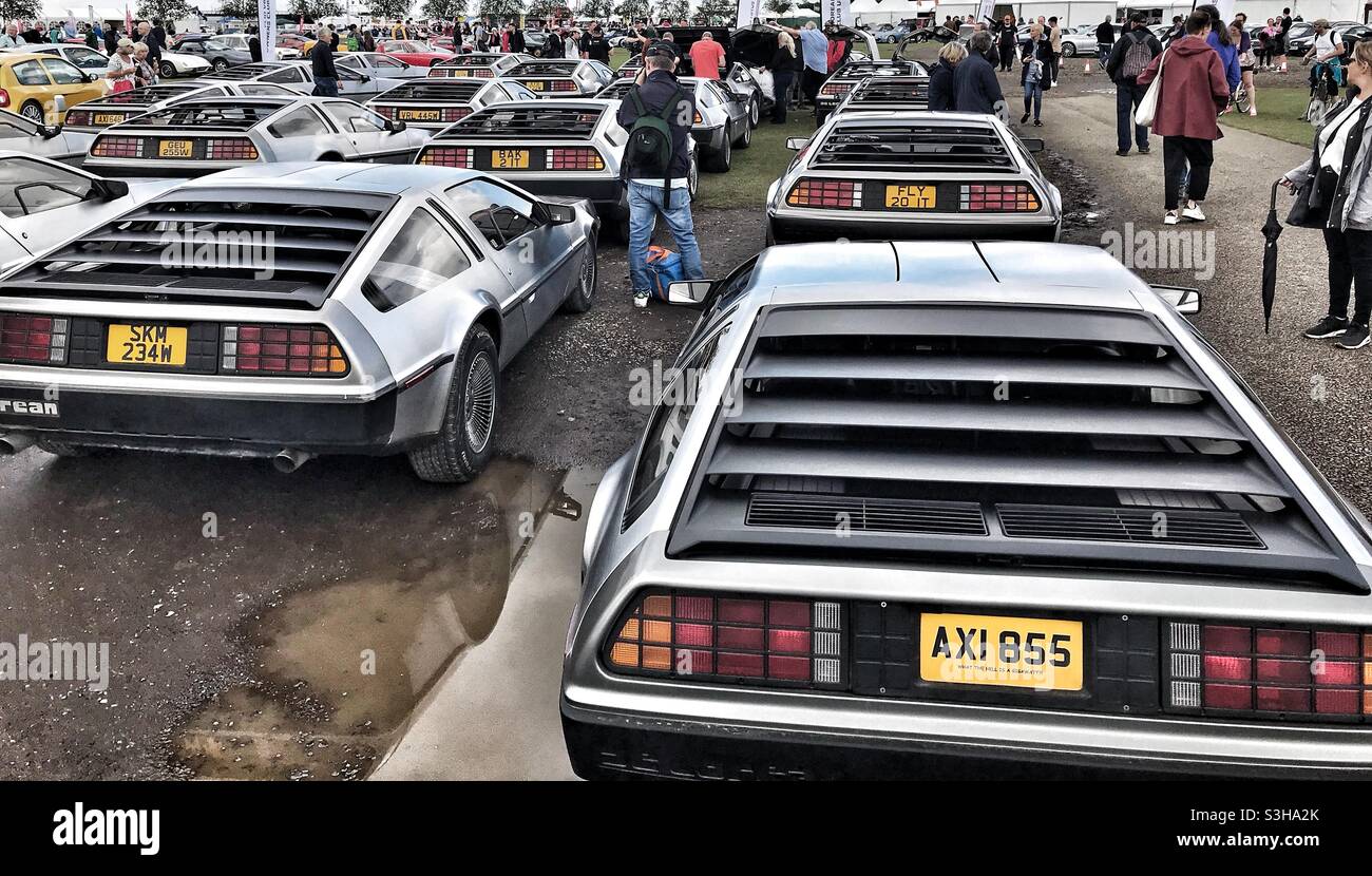 DeLorean automobili a Silverstone Classic - reso famoso dal ritorno al futuro Films Foto Stock