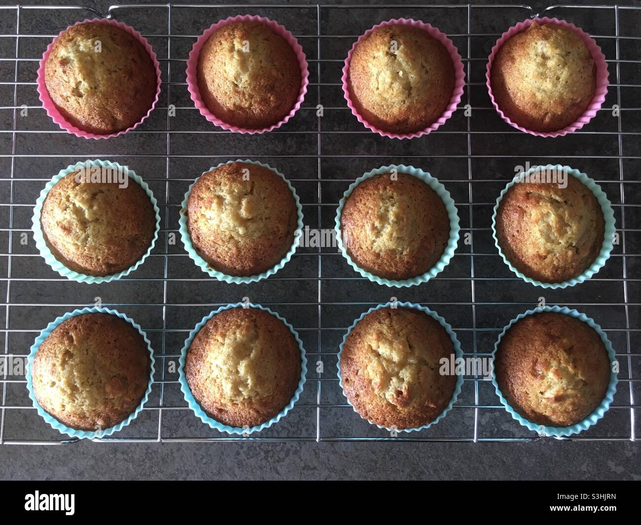 Home Baking: Muffin alla banana in scatole di silicone raffreddamento su una griglia di filo Foto Stock