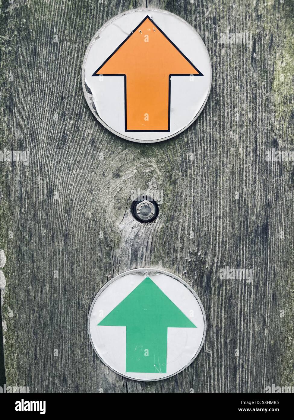 una freccia arancione e una verde sono disposte una sopra l'altra su un palo di legno grigio lavato ed entrambi puntano verso l'alto Foto Stock