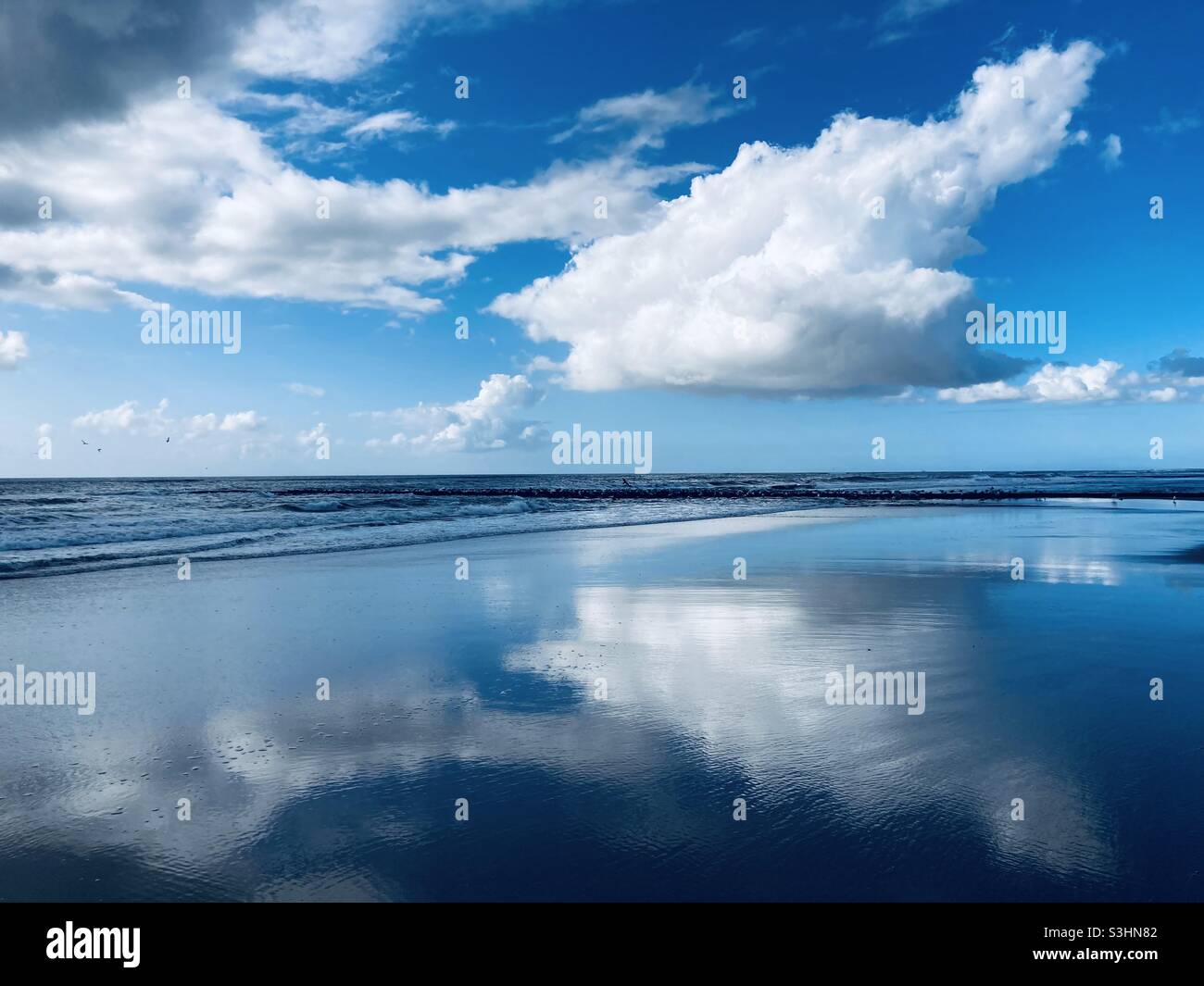 una nuvola bianca brillante nel cielo blu si riflette sulla superficie liscia dell'acqua vicino al mare Foto Stock