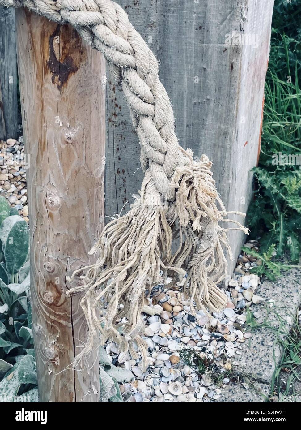 una corda è legata ad un palo, la cui estremità è sfilacciata Foto Stock