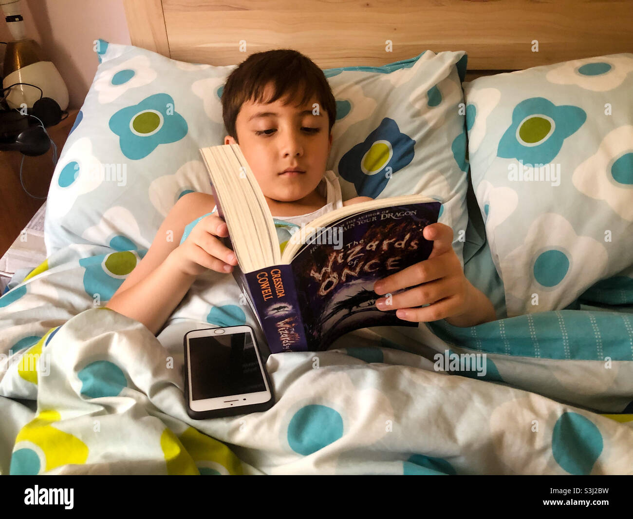 Un ragazzo si trova a letto e legge un libro. Foto Stock