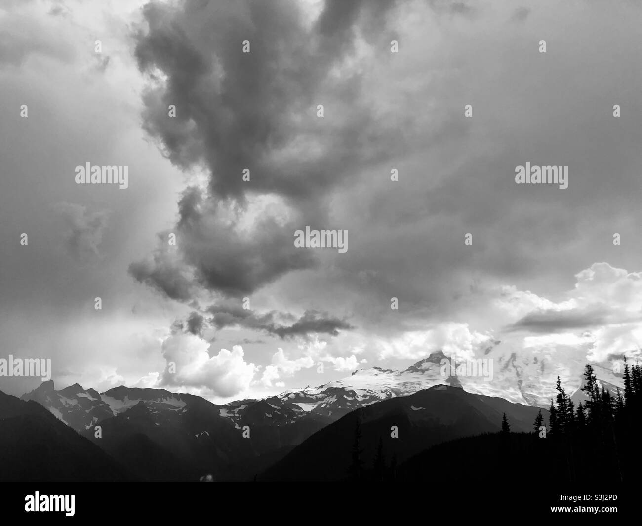 Nuvole tempesta sul Monte Rainier. Foto Stock