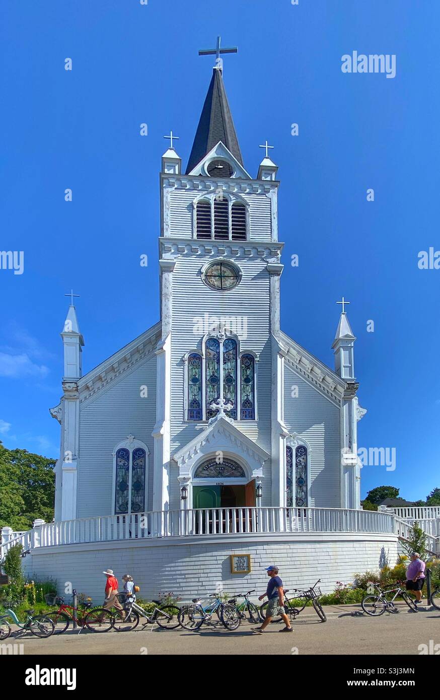 Fresca chiesa sull'isola di Mackinac Foto Stock