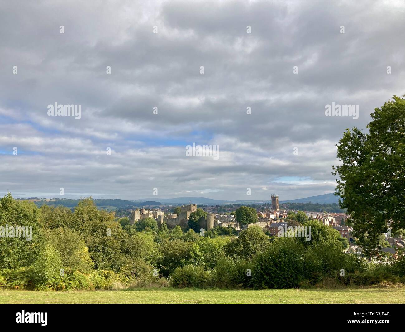 La città medievale del mercato di Ludlow, da Whitcliffe Common, Shropshire. Foto Stock