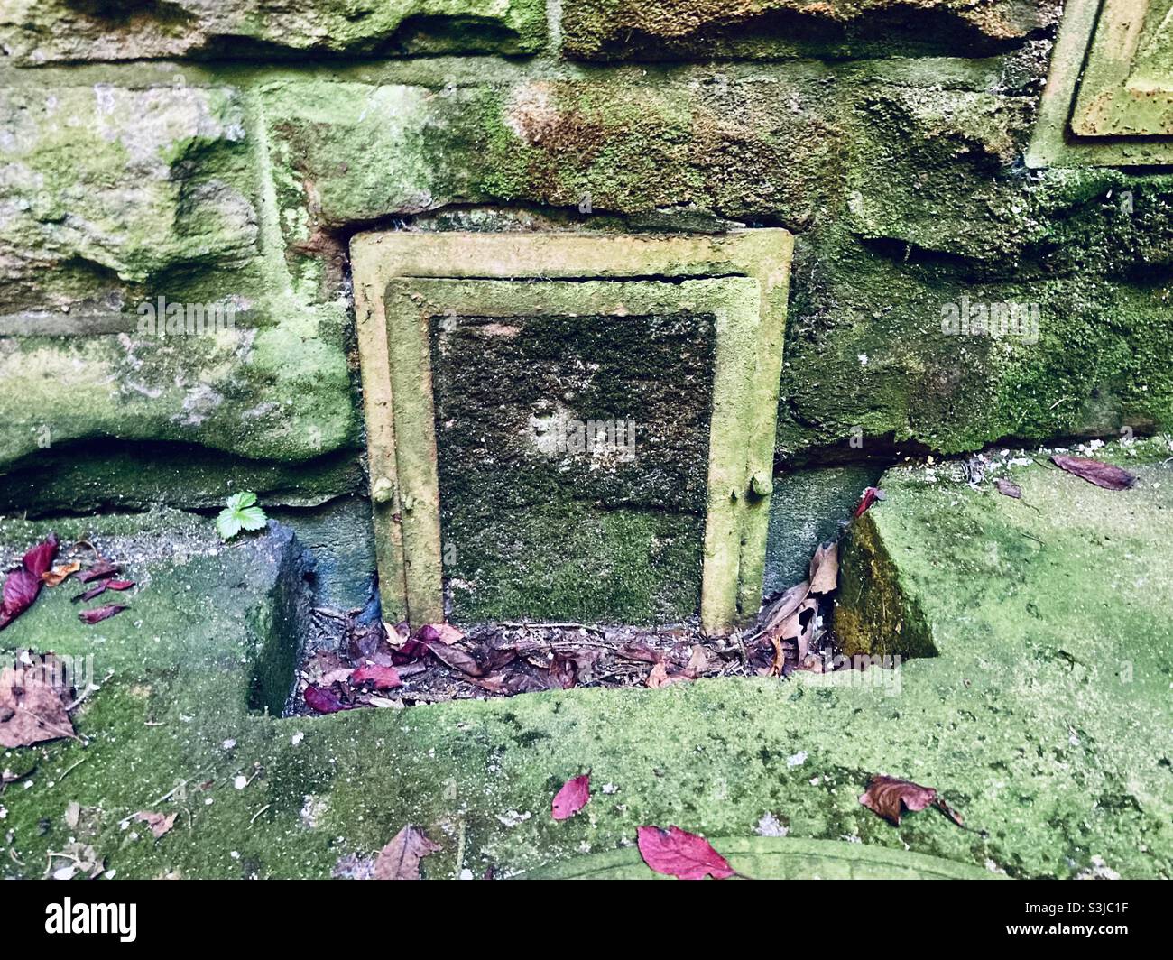 una vecchia porta in pietra bagnata Foto Stock