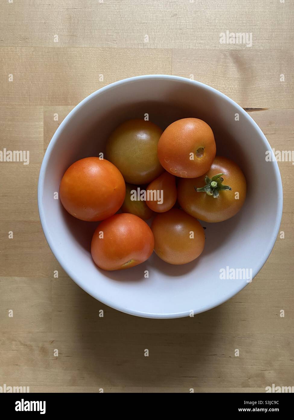 immagine minimalista di pomodori appena raccolti coltivati in casa in una ciotola di porcellana bianca su un tavolo di legno di pino chiaro - Immagine stock catturata con smartphone