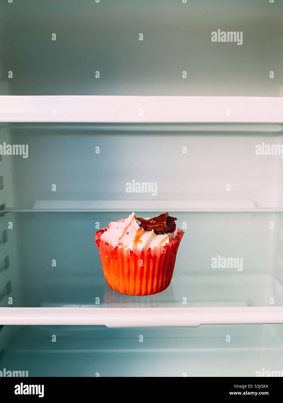 Un cupcake in un frigorifero vuoto Foto Stock