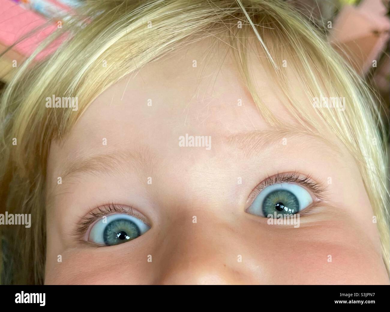 Boo! Un look di sorpresa su un bambino biondo dagli occhi blu - Immagine stock catturata con smartphone