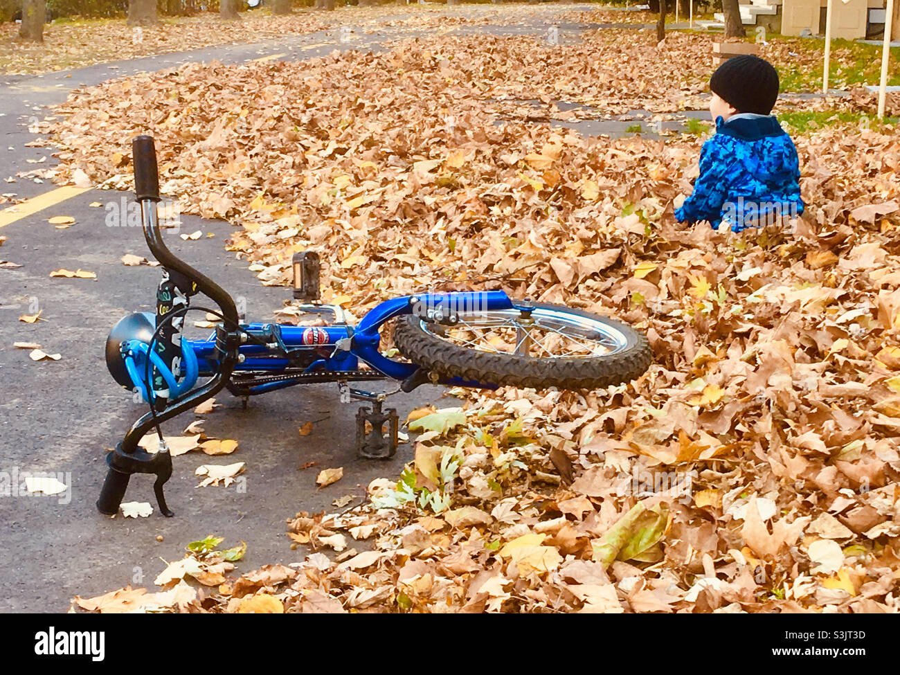 Il bambino di 5 anni che gioca in un mucchio di autunno caduto lascia la sua bici BMX accanto a lui sul terreno Foto Stock