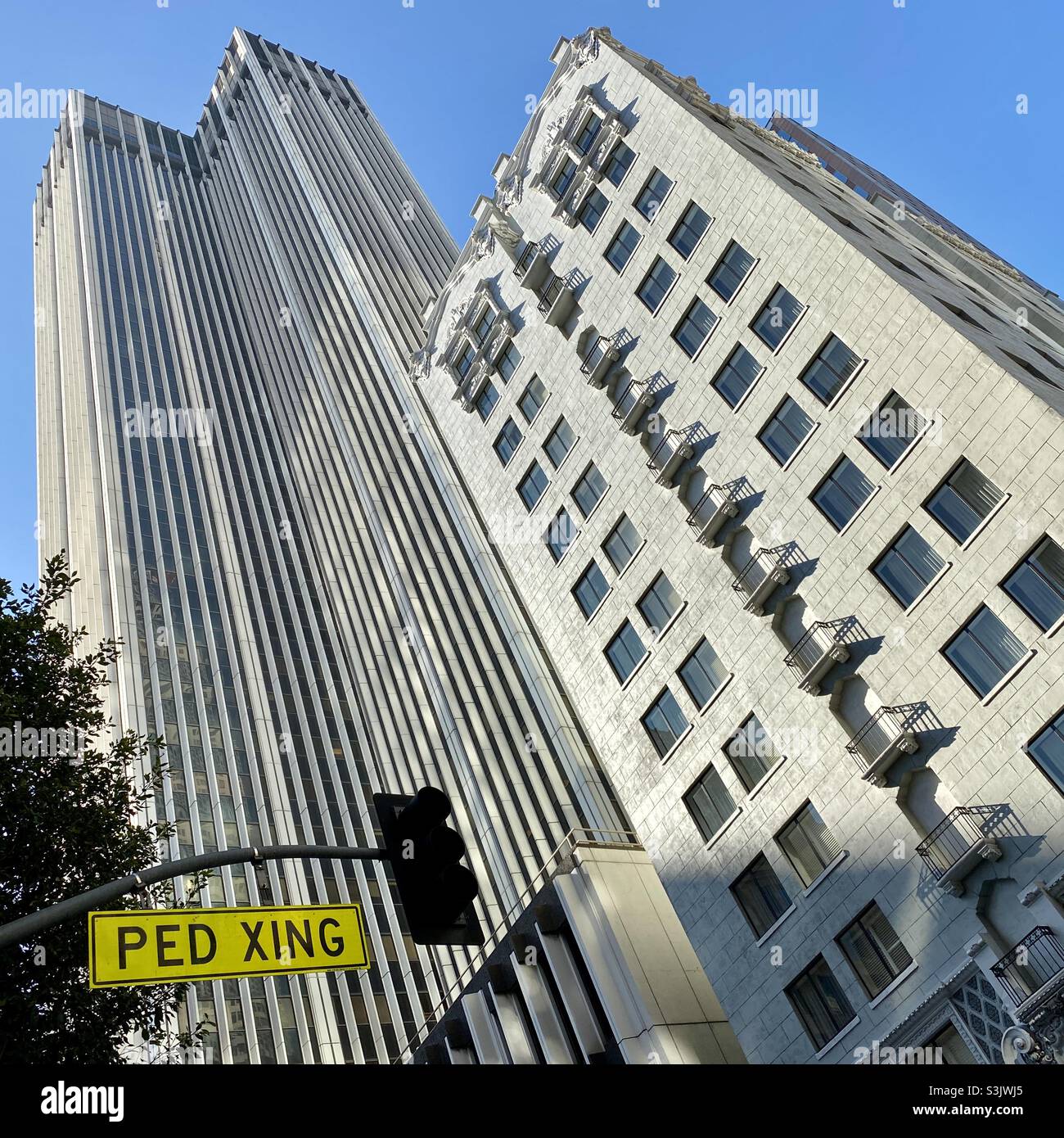 LOS ANGELES, CA, GENNAIO 2021: Si affacciano su edifici alti nel centro città con cartello di attraversamento pedonale e semaforo in primo piano - Immagine stock catturata con smartphone