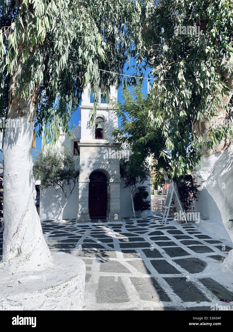 Tradizionale chiesa greca sull'isola di Mykonos Foto Stock