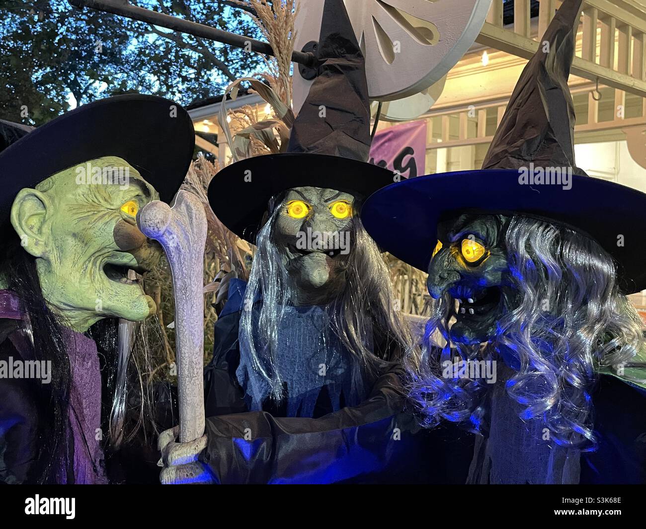 Streghe intorno ad una decorazione del cavoldro al "WitchFest" di Gardner Village nella valle del Lago di sale dello Utah, Stati Uniti. Foto Stock
