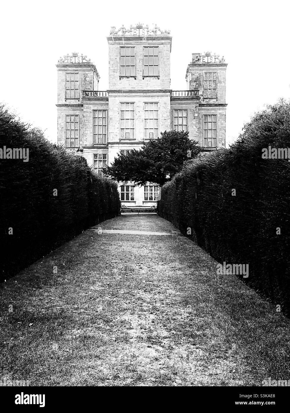 Una foto in bianco e nero di Hardwick Hall nel Derbyshire. Foto Stock