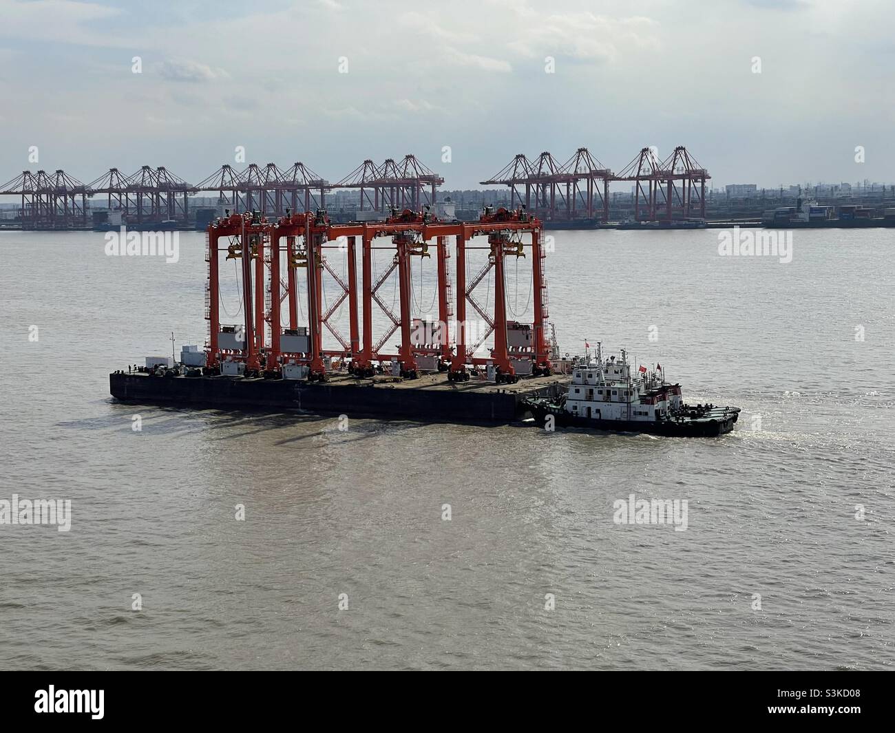 Tugboat sul fiume Yangtze vicino al porto di Shanghai spingendo la chiatta caricato con nuovi vettori a cavallo utilizzando per il trasporto di container nei terminal. Sullo sfondo sono presenti gru a gantry sulla linea costiera. Foto Stock