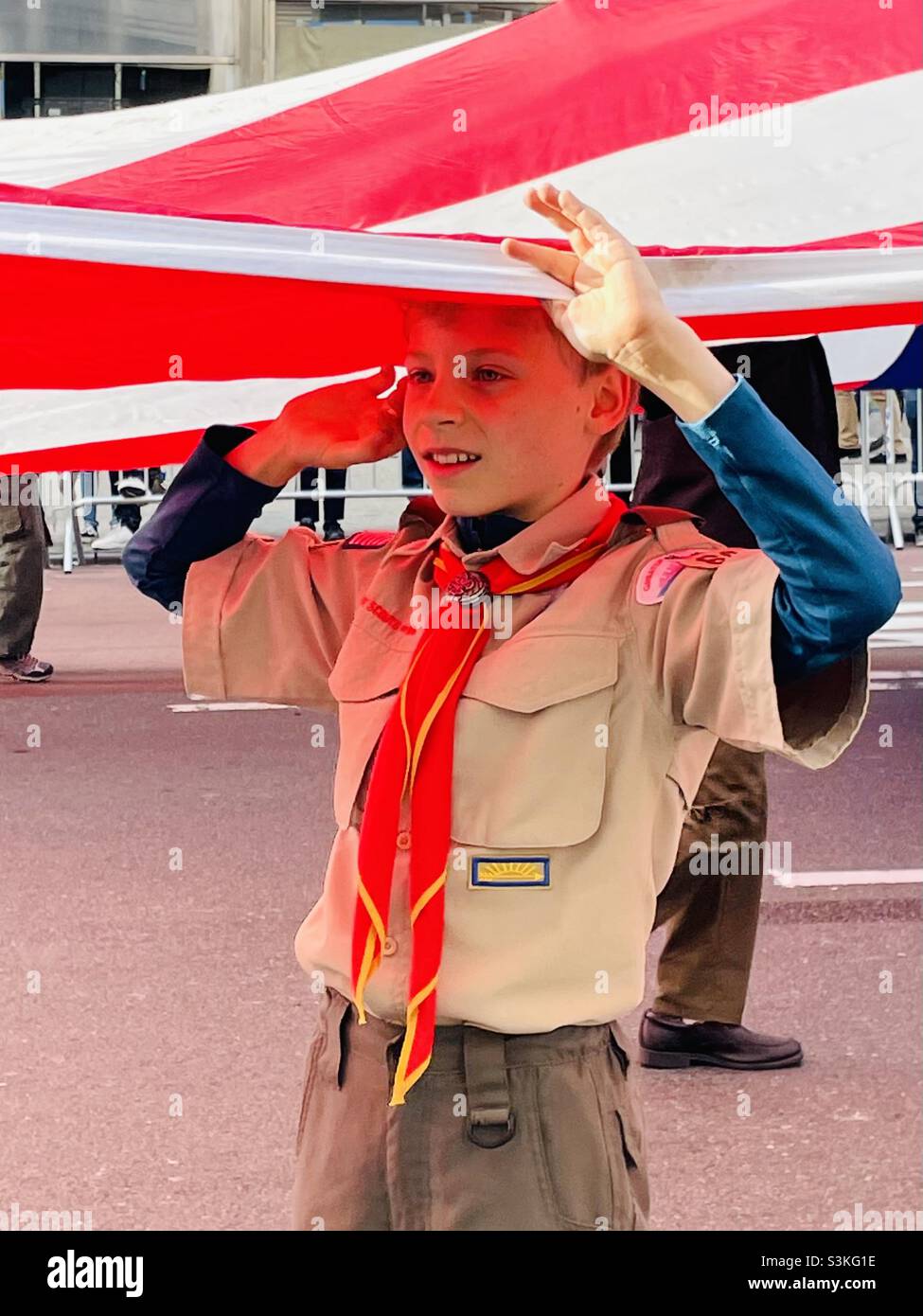 Boy Scout aiuta a portare la bandiera americana durante la Veterans Day Parade a New York City Foto Stock