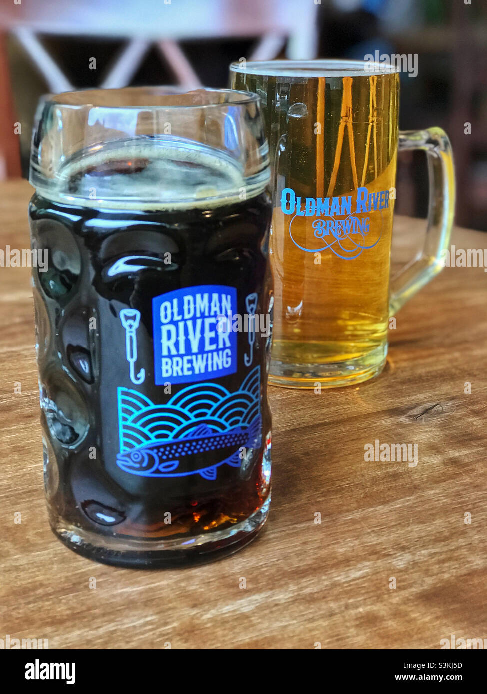 Pinte di birra bruna e lager, della società Oldman River Brewing nel sud dell'Alberta, Canada. - Immagine stock catturata con smartphone