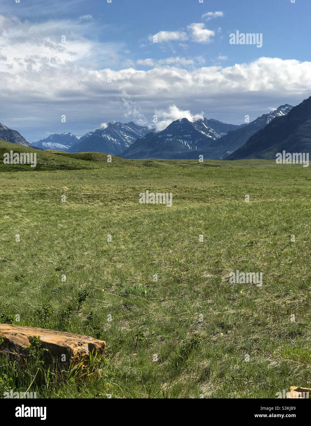 Una fila di vette di montagna che si estendono attraverso il confine canadese verso gli Stati Uniti. Come si vede dal bordo del Waterton Lakes National Park, nel sud dell'Alberta, Canada. - Immagine stock catturata con smartphone