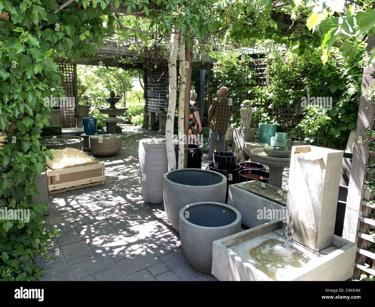 Proprio all'interno dell'ingresso all'aperto di un negozio di giardinaggio locale a Salt Lake City, Utah, USA. Elementi belli e tranquilli, come fontane, vegetazione lussureggiante, ecc. si fondono per un'esperienza tranquilla generale Foto Stock