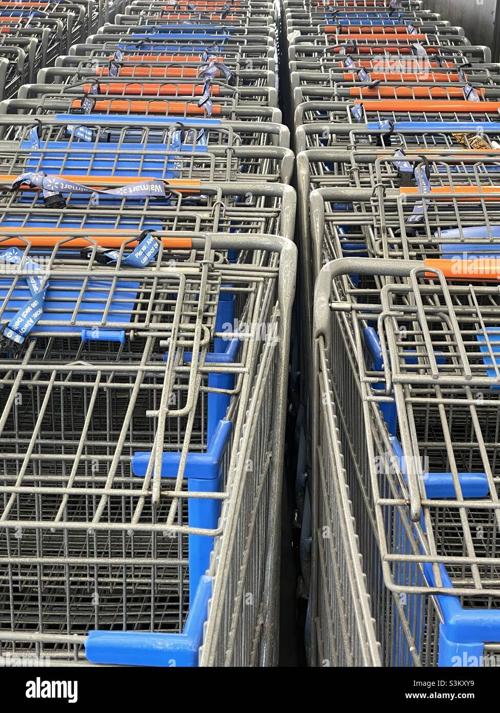 Molti carrelli accodati per lo shopping, pronti per i clienti, in un supercentro locale Walmart nello Utah, Stati Uniti. Foto Stock
